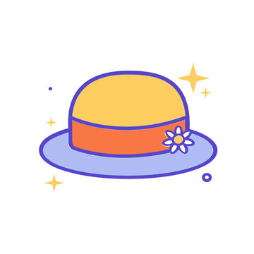 Vector flat line icon of a women's sun hat. Summer beach fashion accessory symbol with flower in orange and purple colors.
