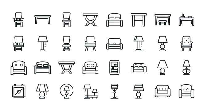 A collection of simple linear icons depicting various furniture and household objects arranged in a grid pattern