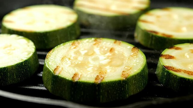 Close-up of grilled zucchini slices with grill marks on a black grill