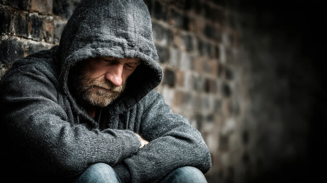 Homeless alcoholic sitting next to a brick wall