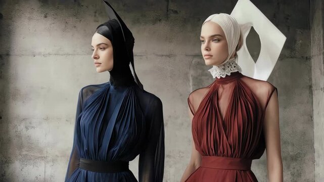 Elegant duo in haute couture poses for a fashion shoot