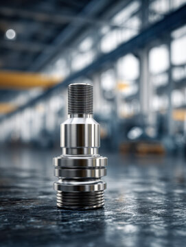 Precision crafted steel industrial machinery component with threaded ends showcased in a modern manufacturing facility environment with blurred background