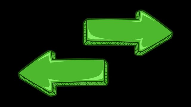 High-quality 4K hand-drawn green arrows pointing in opposite directions. 2D animation with alpha channel for transparent background. Perfect for choice and navigation