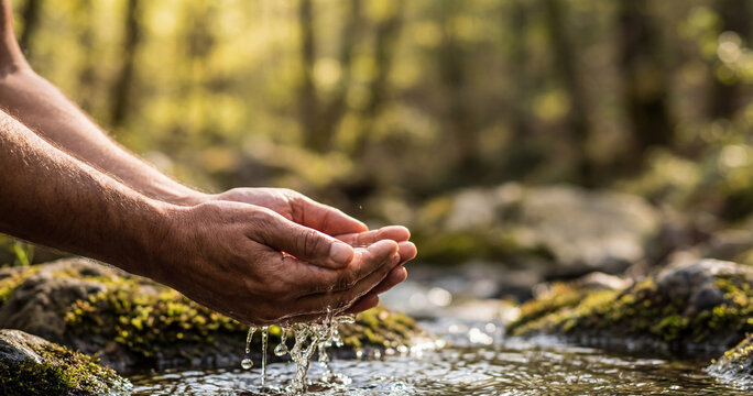 Human Hands Collecting Fresh Clean Water from Pristine Forest Stream in Nature