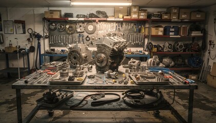 Engine Overhaul: Detailed Automotive Repair in Garage - Vintage Motor Parts, Tools, and Workbench Scene for Mechanical Projects and Precision Restoration Crafts