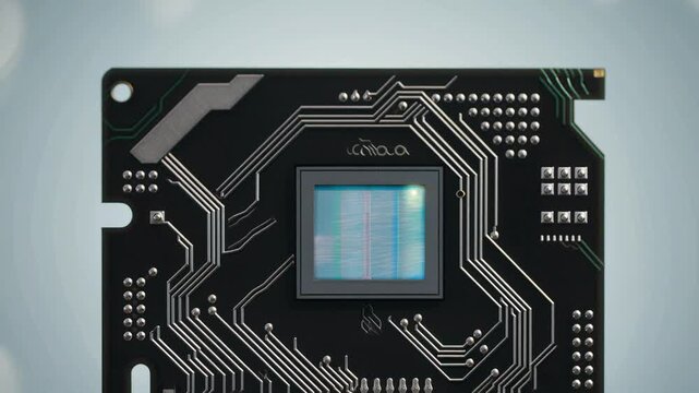 Macro shot of a digital camera image sensor chip on a black circuit board with intricate silver