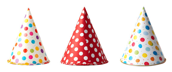 Obraz premium Three colorful party hats with polka dots isolated on a white or transparent background