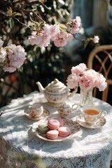 Delicate tea set with macarons on lace-covered table, blooming branches above in dappled sunlight. Romantic afternoon moment in soft pastel garden setting.