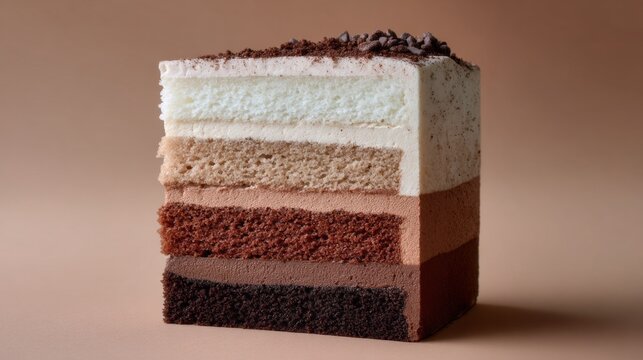 A slice of cake with different layers of chocolate and white frosting. The cake is cut in half, revealing the different layers