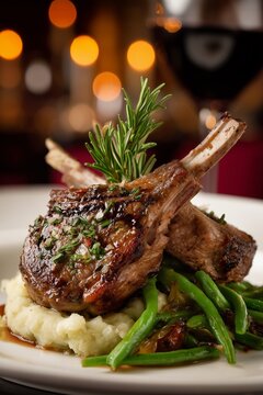 Lamb chops with rosemary and garlic, plated with mashed potatoes and sauteed green beans, candlelit restaurant scene. Elegant gourmet meal with rich savory tones.