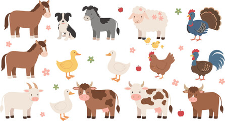 Cute farm animal collection vector with cow, horse, sheep, chicken, duck, and rooster, colorful cartoon countryside illustration for kids © MdNazmul