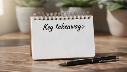 Fototapeta premium A clean workspace featuring a notepad with the inscription 'Key takeaways', complemented by lush potted plants, setting a scene for reflection and planning on a wooden desk