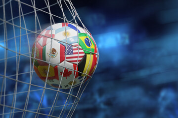 Soccer ball with 2026 world championship flags scoring the goal and moving the net. 3D illustration. © jroballo