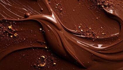 とろけるチョコレートの曲線と黄金のラメが輝く高級感のあるバレンタイン背景