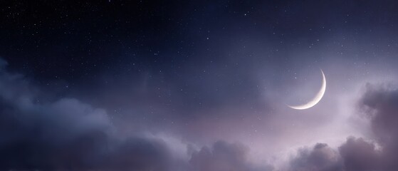 Night sky ramadan background with crescent moon and stars, dramatic twilight clouds