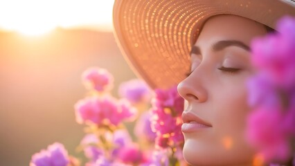 Fototapeta premium Woman smelling flowers in a field at sunset