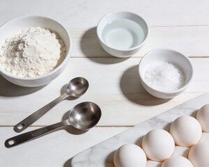 Flat lay of baking ingredients including flour, eggs, water, and measuring spoons arranged on a light wooden surface. Clean and minimal composition representing preparation for homemade baking.