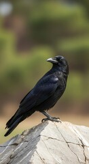 Fototapeta premium Black crow perched on a textured light gray rock in nature. Crow with glossy feathers on rock against blurred green background. Balanced composition of a crow as a focal point outdoors.