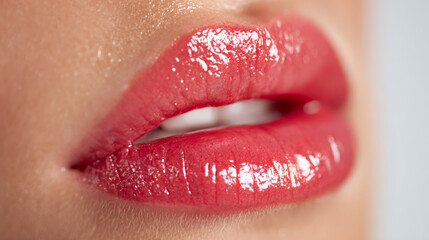 Naklejka premium Shiny vibrant red lips with glossy texture and smooth skin, capturing the subtly parted mouth in a high-resolution, artistic makeup close-up photograph