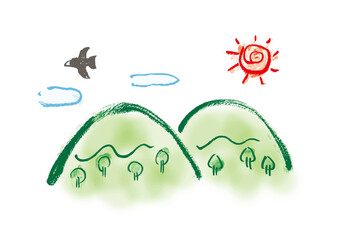 筆書きの日本の昔話風、山の風景の和風イラスト素材