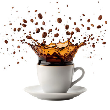 Coffee splashing into white cup with coffee beans isolated on a transparent background coffee cup