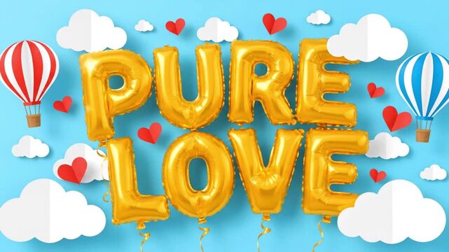 A cute animated video with golden Pure Love balloon text, hot air balloons, and paper hearts, perfect for Valentine's Day or a romantic declaration