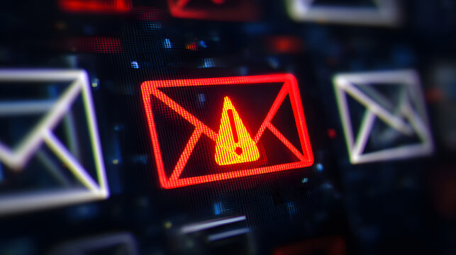 Warning alert on email inbox with danger icon, cybersecurity phishing attack, malicious email detection, and digital communication security concept