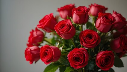 Fototapeta premium A bouquet of red roses with green leaves.