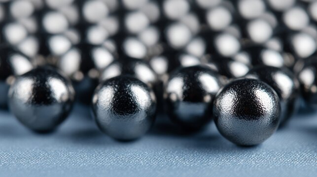 Isomorphic homologous matrix of tiny spherical metallic beads, chrome spherical granules arranged closely on a soft blue fabric background, ultra-photorealistic commercial stock photo