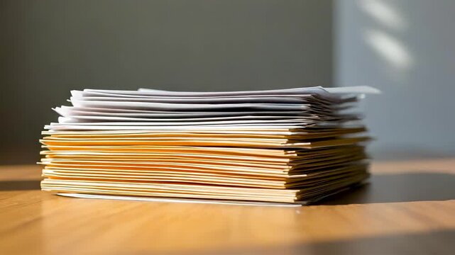 Stack of Old Yellowed Papers Documents Envelopes Piled on Wooden Table Warm Sunlight Shadows Office Clutter