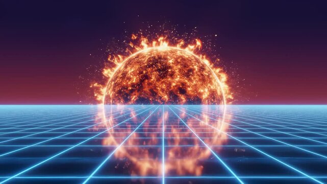 Fiery Sun Sphere Flares Above Retro Synthwave Grid Landscape