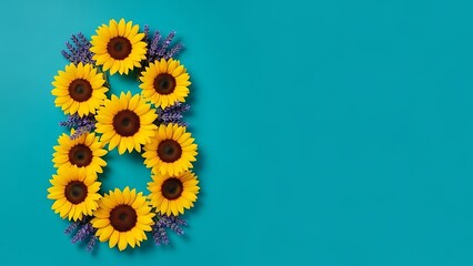 Vibrant sunflower arrangement on turquoise background forming number eight