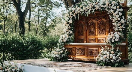 Floral adorned stage for nuptial celebration in outdoor location