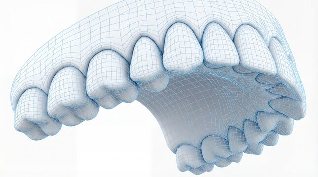 3D wireframe mesh model of human upper jaw and teeth for digital dentistry, orthodontic simulation, and medical CAD/CAM scanning.