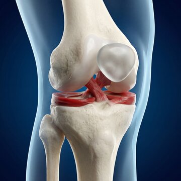 3D medical illustration of human knee joint anatomy showing bones, cruciate ligaments, and meniscus.
