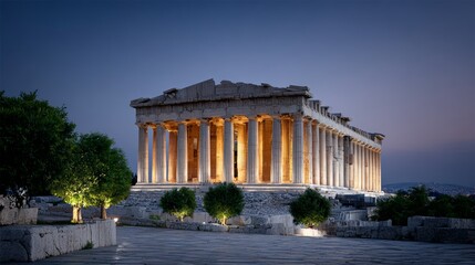Obraz premium Parthenon Acropolis illuminated at night with LED lights, showcasing ancient Greek architecture, surrounded by trees and a clear sky in Athens, Greece, with a serene atmosphere