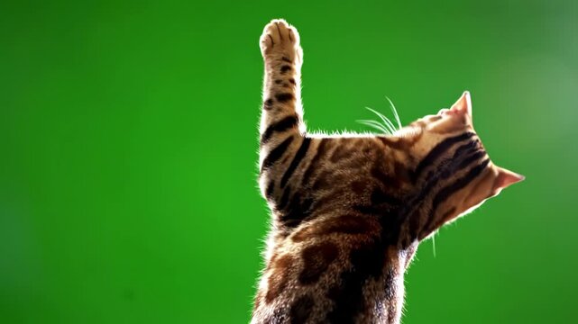 Green Screen 4k bengal cat on isolated with chroma key standing facing backward reaching up paw scene 3 distortion, overlay, glitch, static noise, scan lines black background, animated video loop