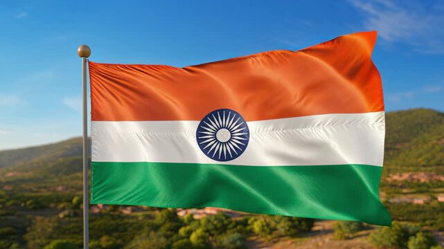 Majestic Indian Flag Waving Gracefully Against a Clear Blue Sky with Soft Clouds and Lush Green Hills