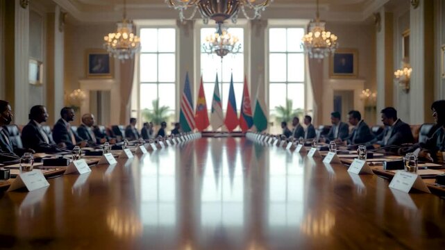 Elegant Conference Hall with Long Table Business Meeting International Flags Chandeliers Large Windows Formal Gathering