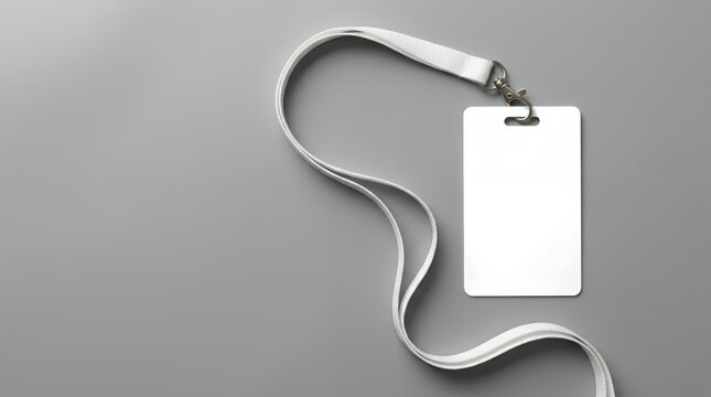 A blank silver and black identification badge with a white lanyard rests on a plain grey surface ready for customization id badge security pass identification card