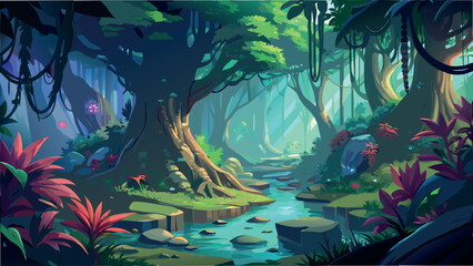Enchanted Fantasy Forest with Ancient Tree, Magical River, and Tropical Plants Illustration © SABIHA