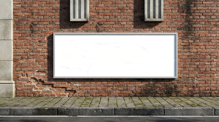 Obraz premium A framed billboard with abstract colorful art is mounted on a weathered brick wall above a tiled sidewalk and asphalt road advertisement poster mockup textured abstract art