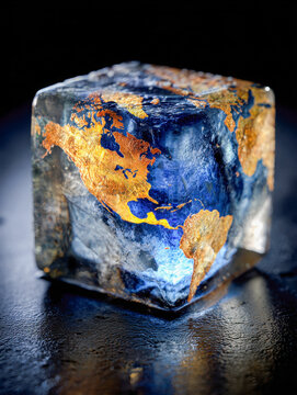 Artistic representation of a frozen globe with golden continents encapsulated in a transparent ice cube reflecting light on a dark surface