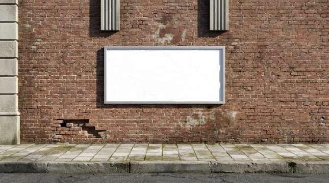 Rectangular framed advertisement panel mounted on weathered brick wall above paved sidewalk with curb and street billboard display aged urban pavement concrete texture