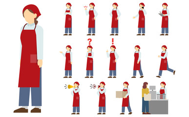 フラットイラスト：赤のエプロンを着たスーパー店員セット