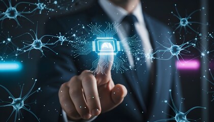 Naklejka premium Businessman interacting with glowing artificial intelligence circuit board displaying neural network connections and digital neuron structures representing advanced machine learning concepts