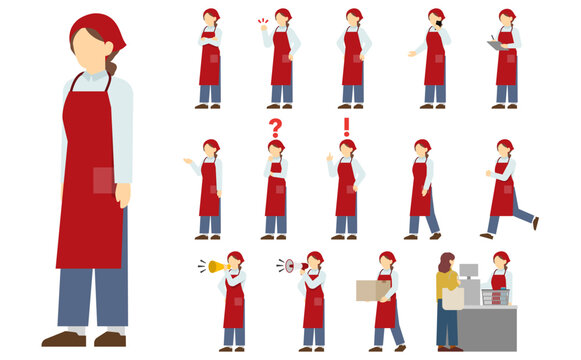 フラットイラスト：赤のエプロンを着たスーパー店員セット