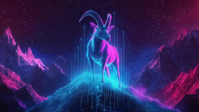 Capricorn zodiac sign representing astrology and horoscope, featuring a glowing ram head with cosmic energy and digital data lines, symbolizing future predictions and cosmic connections