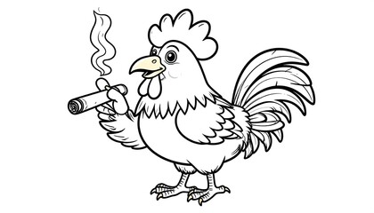 Obraz premium Line art illustration depicts a rooster with a cigar. Smoke rises from the cigar. The bird stands upright, chest puffed out