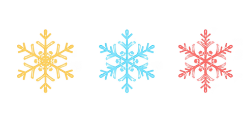 Three colorful snowflakes isolated on a transparent background yellow blue pink